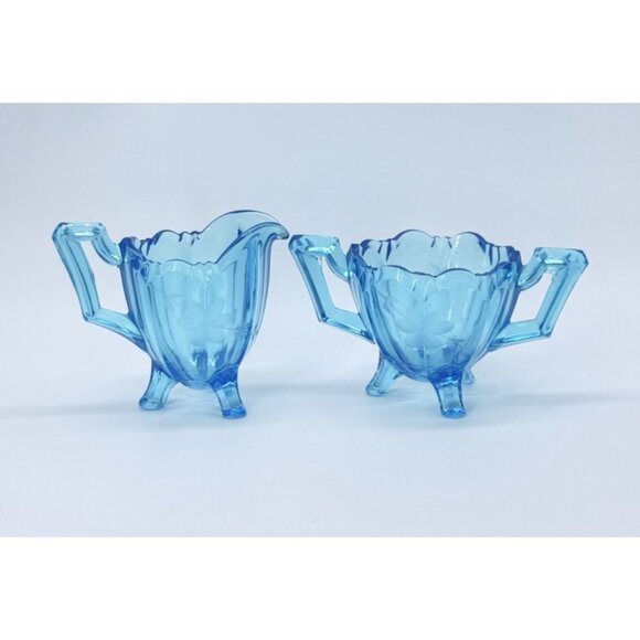 Rare Vintage Indiana Glass Colonial Etched Electric Blue 4" Cream & Sugar EPAG - Picture 1 of 6
